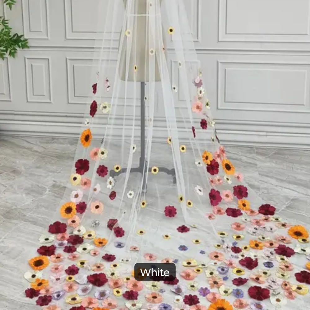 Creamy White Floral Embroidered Veil with Multicolor Flowers